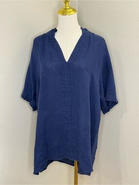 Brave + True Soiree Top Blue Linen Oversized V Neck Blouse Size M NWT